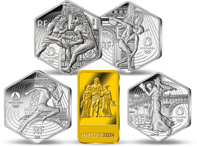 Coffret des 4 monnaies de 10€ hexagonales Paris 2024  « Marianne - Génie - Semeuse Hercule » + le lingot en or pur « Hercule 2024 »